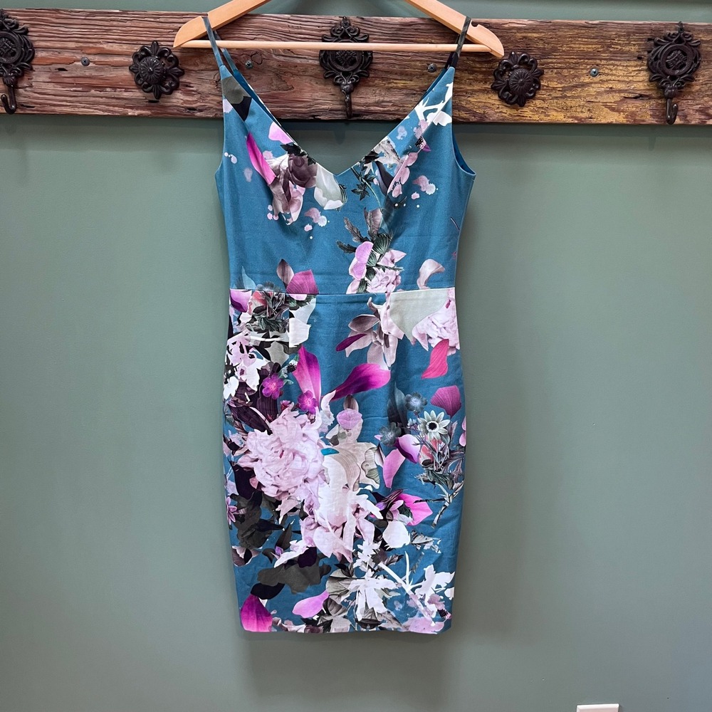 Black Halo Teal Floral V-Neck Sheath‎ Dress Womens Size 4 Spaghetti Strap Mini